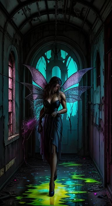 Neon Noir Bat Fairy in Abandoned Asylum