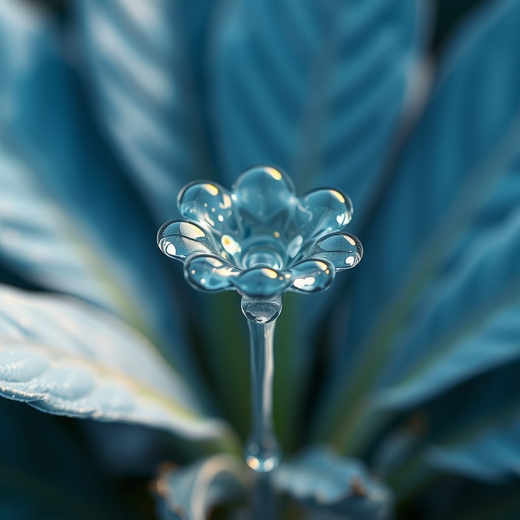 Frozen Water Droplet Bloom in Soft Blue Light