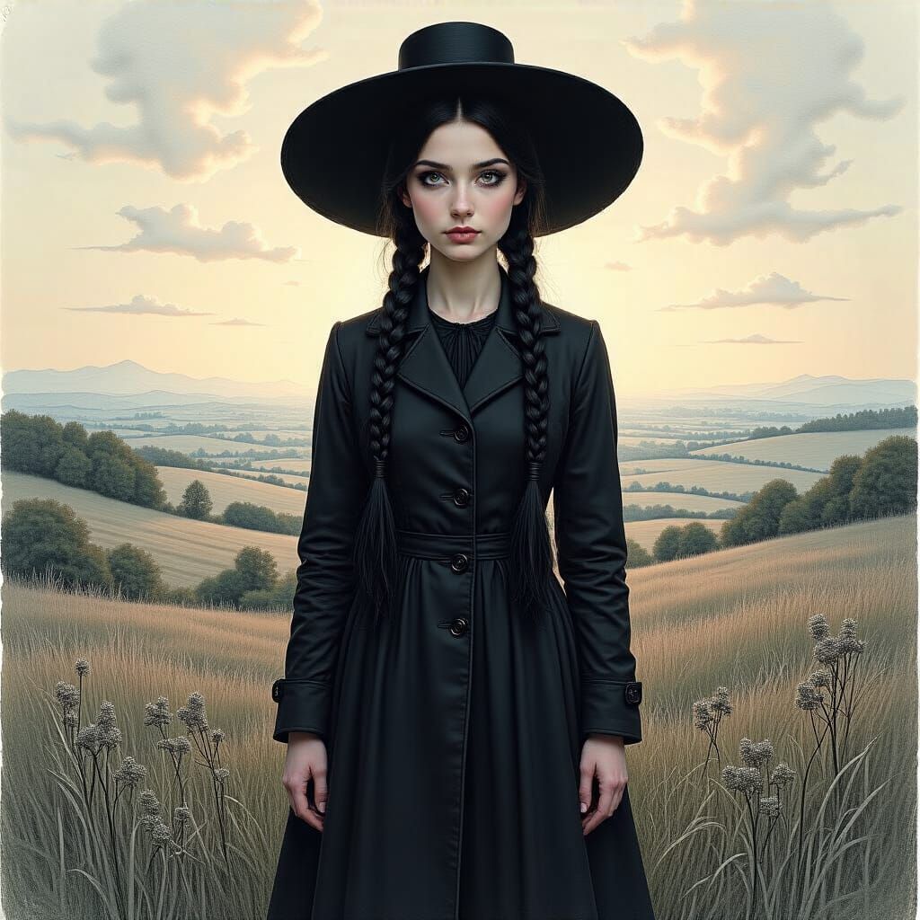 Brunette Woman in Black Coat in Dreamlike Landscape