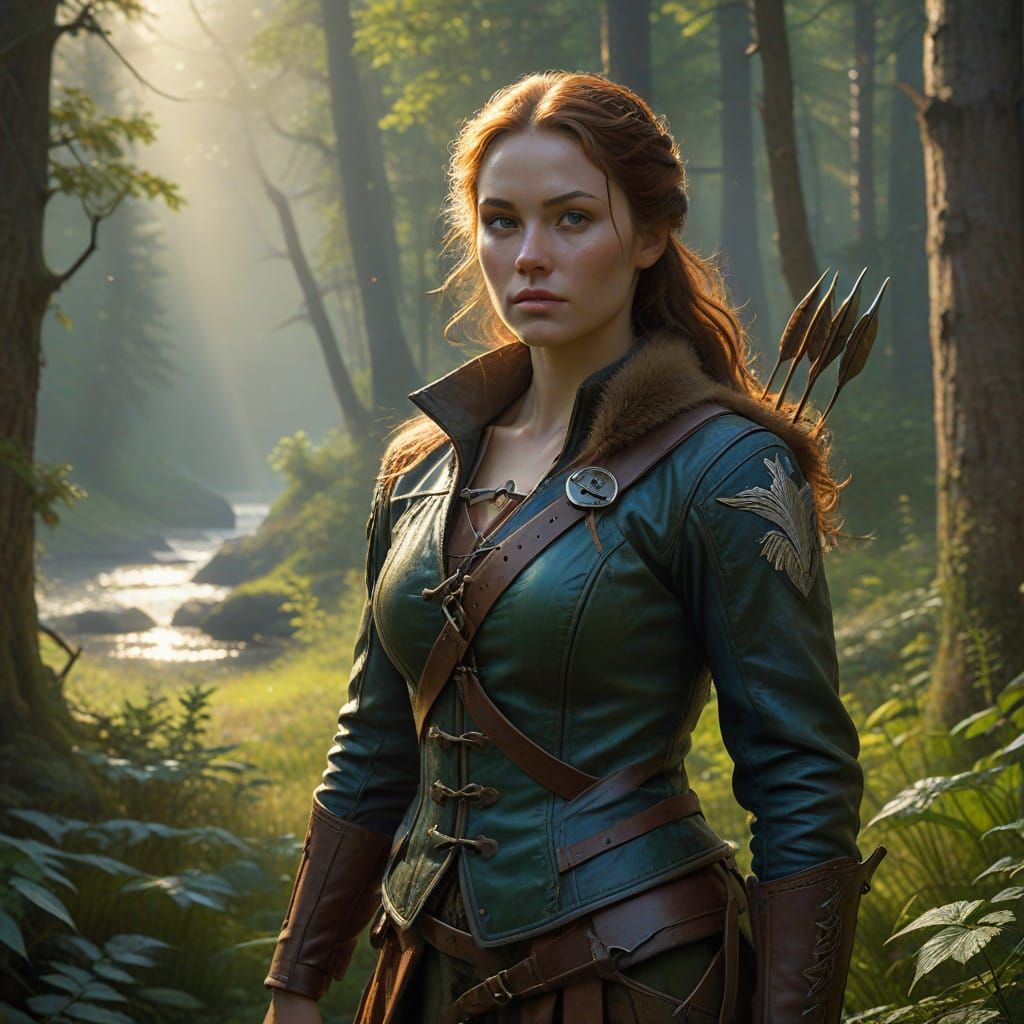 Elegant Huntress Emerges from Golden Forest Light