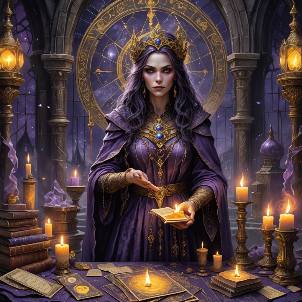 Mystical Sorceress with Tarot Card in Gothic Setting