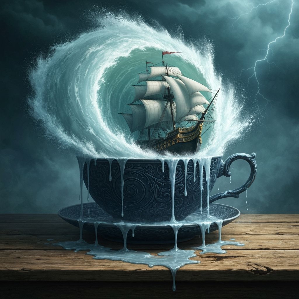 Ship Battles Massive Wave Inside Teacup in Epic Fantasy Art