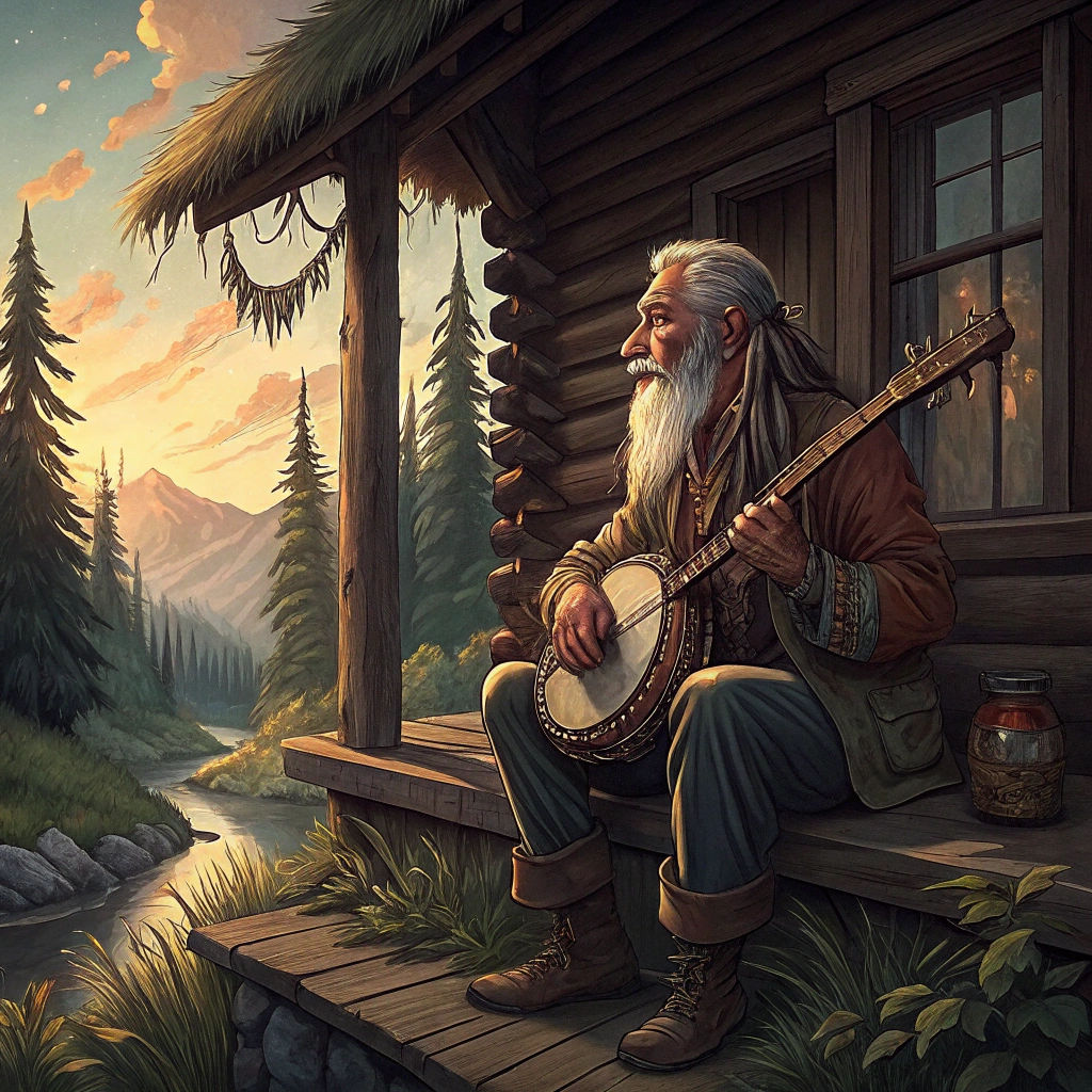 Banjo Player on Porch in Fantasy Matte Painting Style