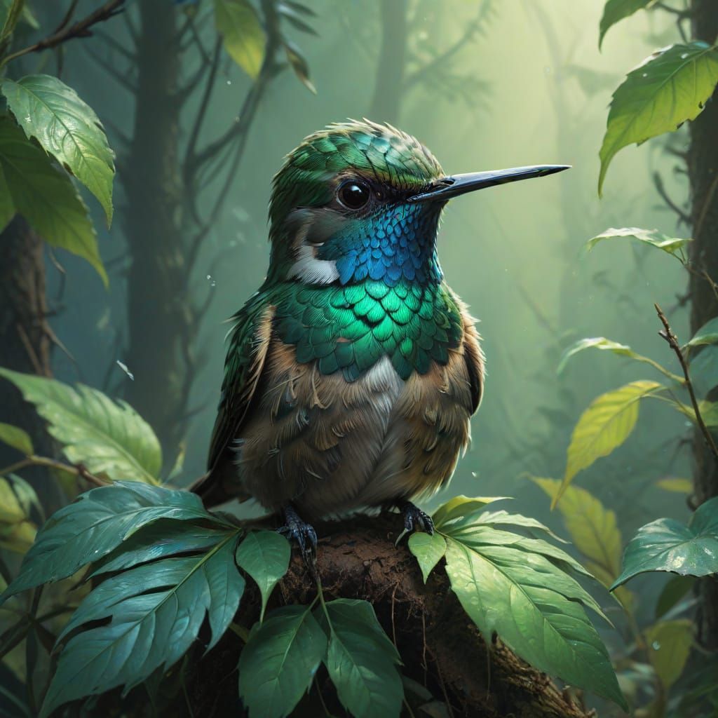 Hyper-Realistic Baby Hummingbird Perched on Emerald Leaf