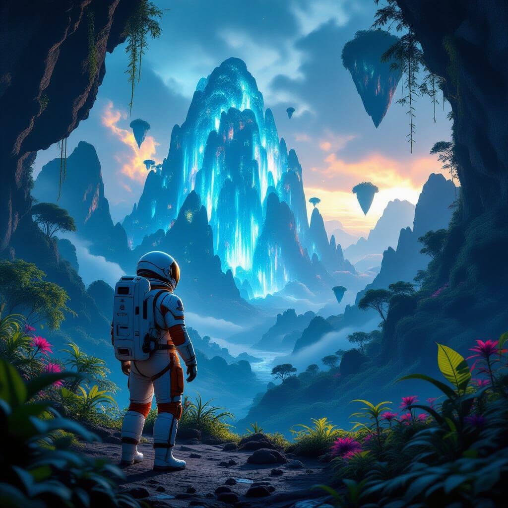 Astronaut Discovers Alien Forest Under Dramatic Lighting