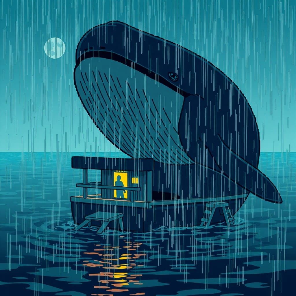 8-Bit Rainy Night Whale in Surreal Manga Style