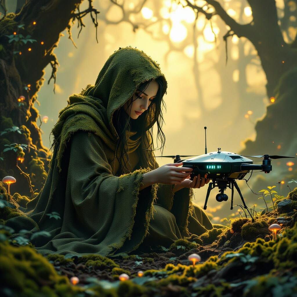 Dryad Repairs Drone in Misty Forest with Glowing Fungi
