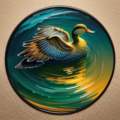 Duck Swimming in Lake at Sunset: Impressionist Style