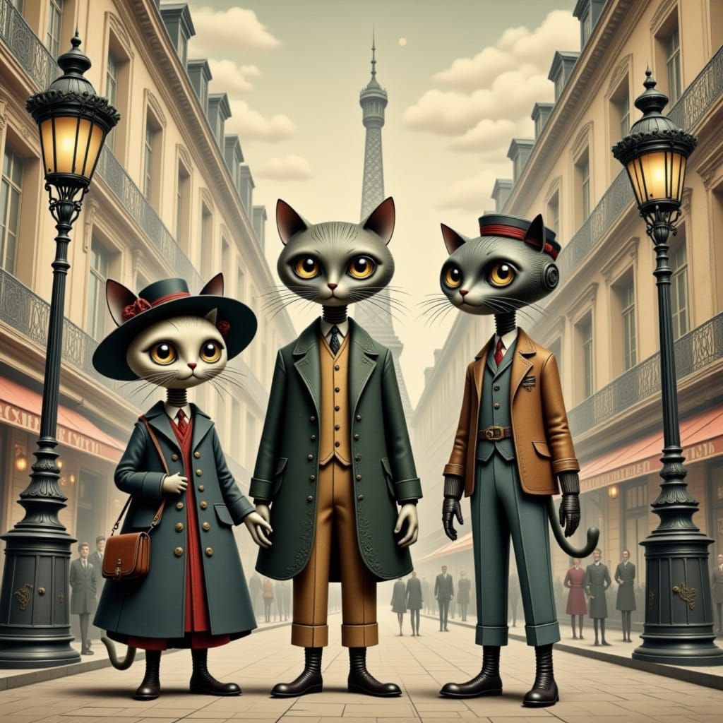 Robot Cat Friends in Parisian Streetscape