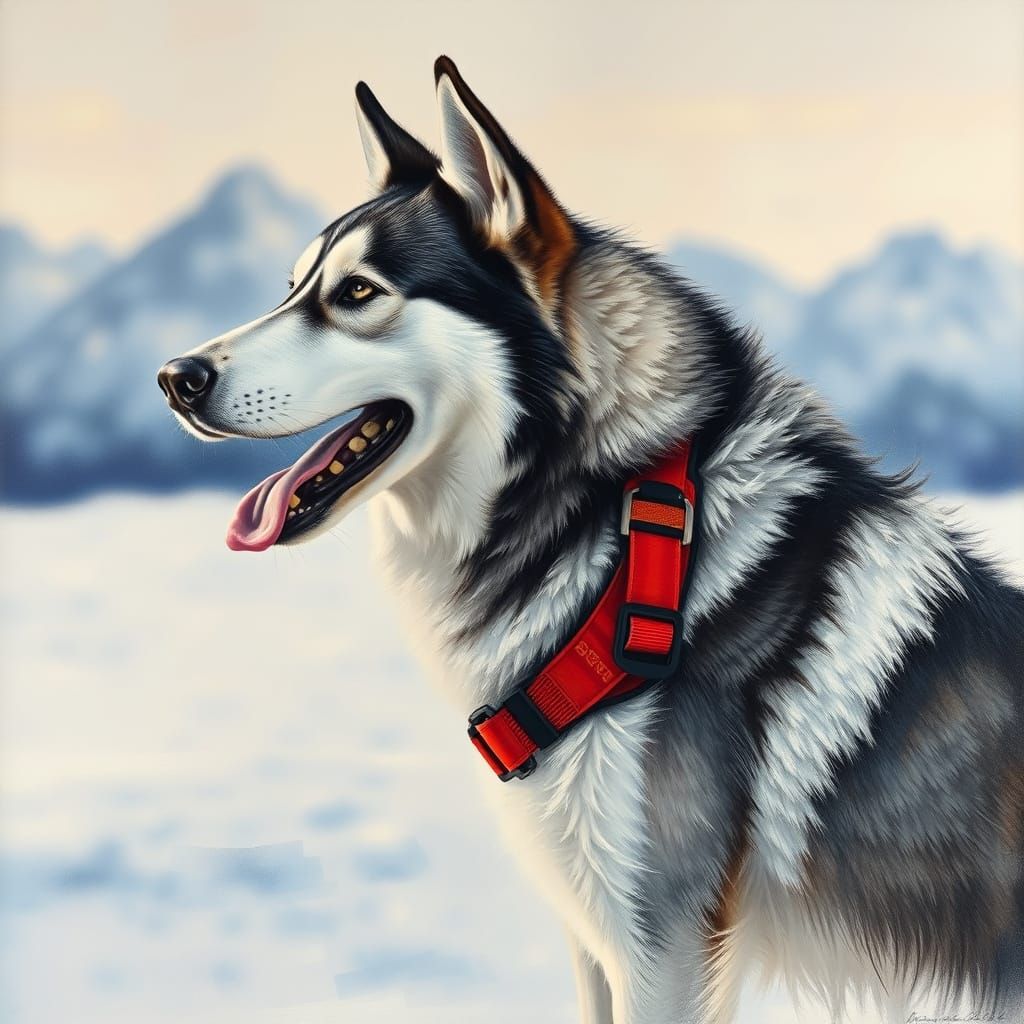 Majestic Husky in Arctic Landscape as Gouache Charcoal Drawi...
