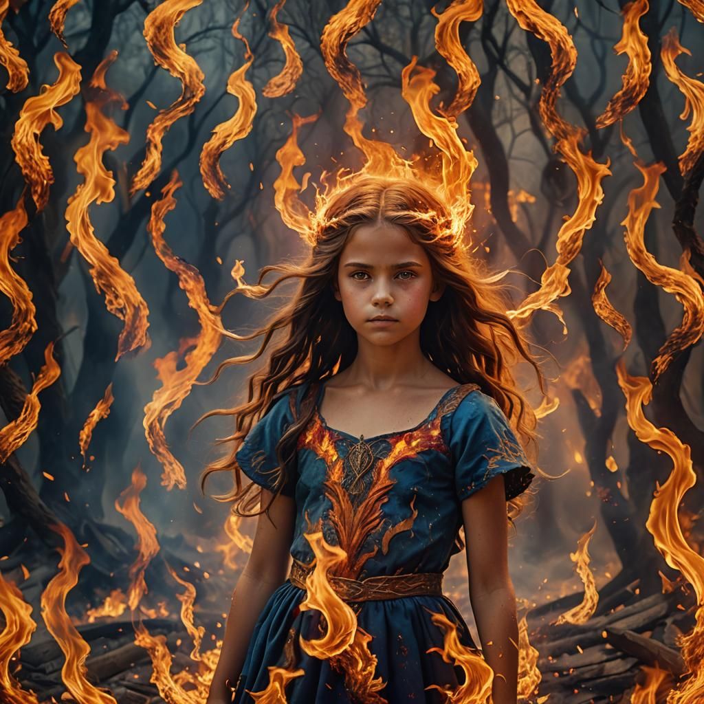 Young Fire Goddess Amidst Flames: Digital Matte Painting
