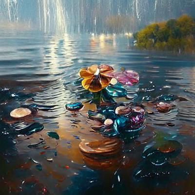 Raindrops on Lake with Glowing Flowers: Oil Painting