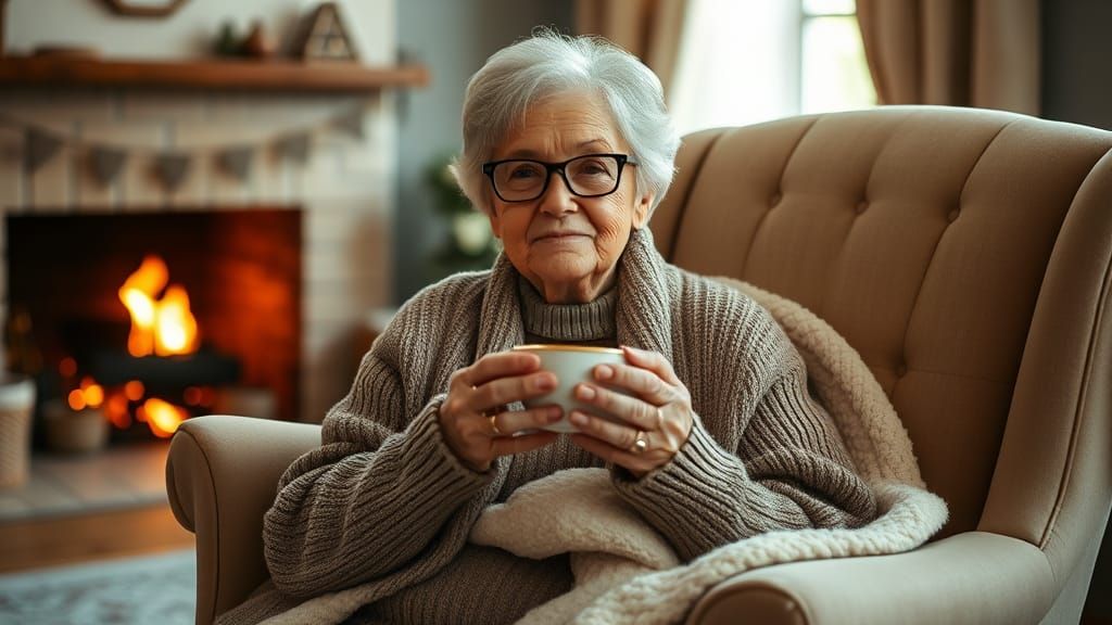 Cozy Grandmother Enjoying Tea by the Fire