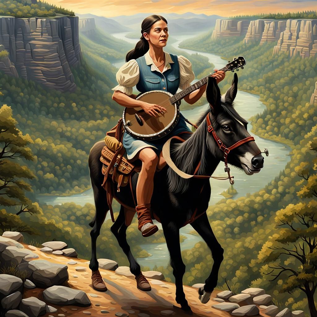 Banjo-Playing Woman Rides Mule Through Ozarks: Matte Paintin...