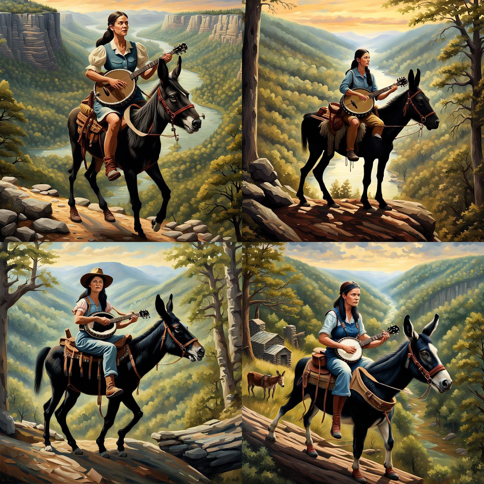 Banjo Playing Woman Rides Mule: Photorealistic Matte Paintin...