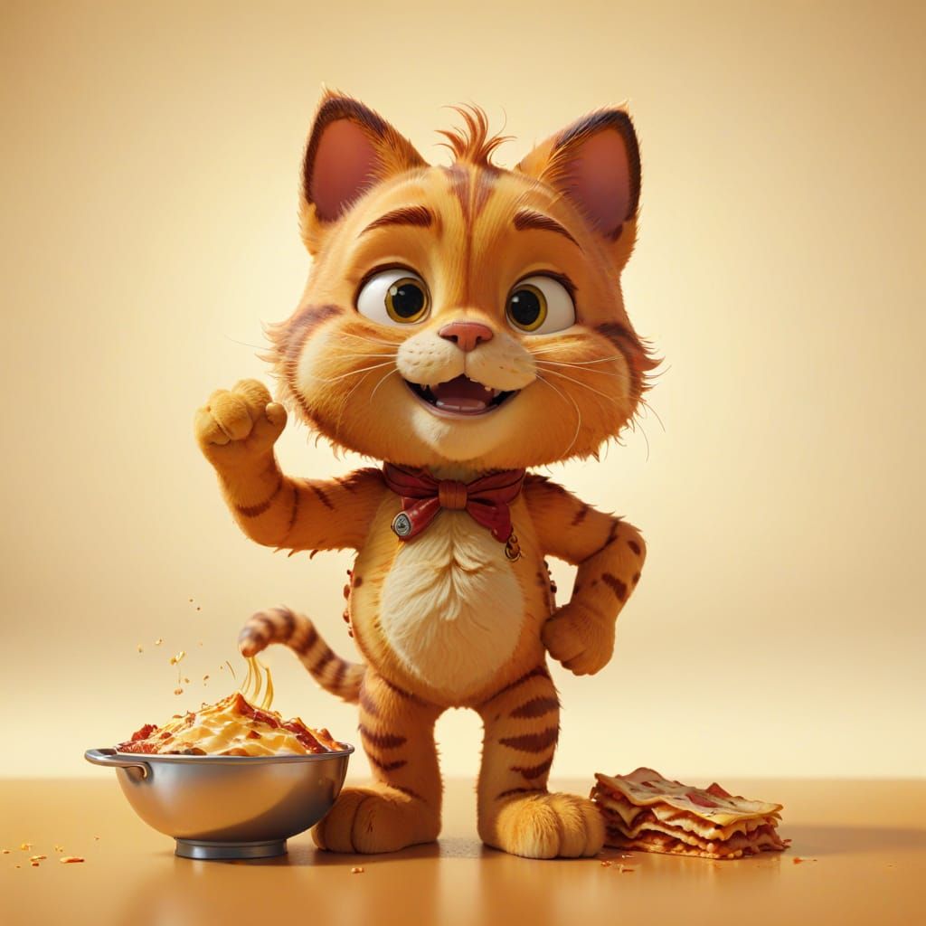 Vibrant Garfield and Lasagna in a Bright Pixar-Inspired Kitc...
