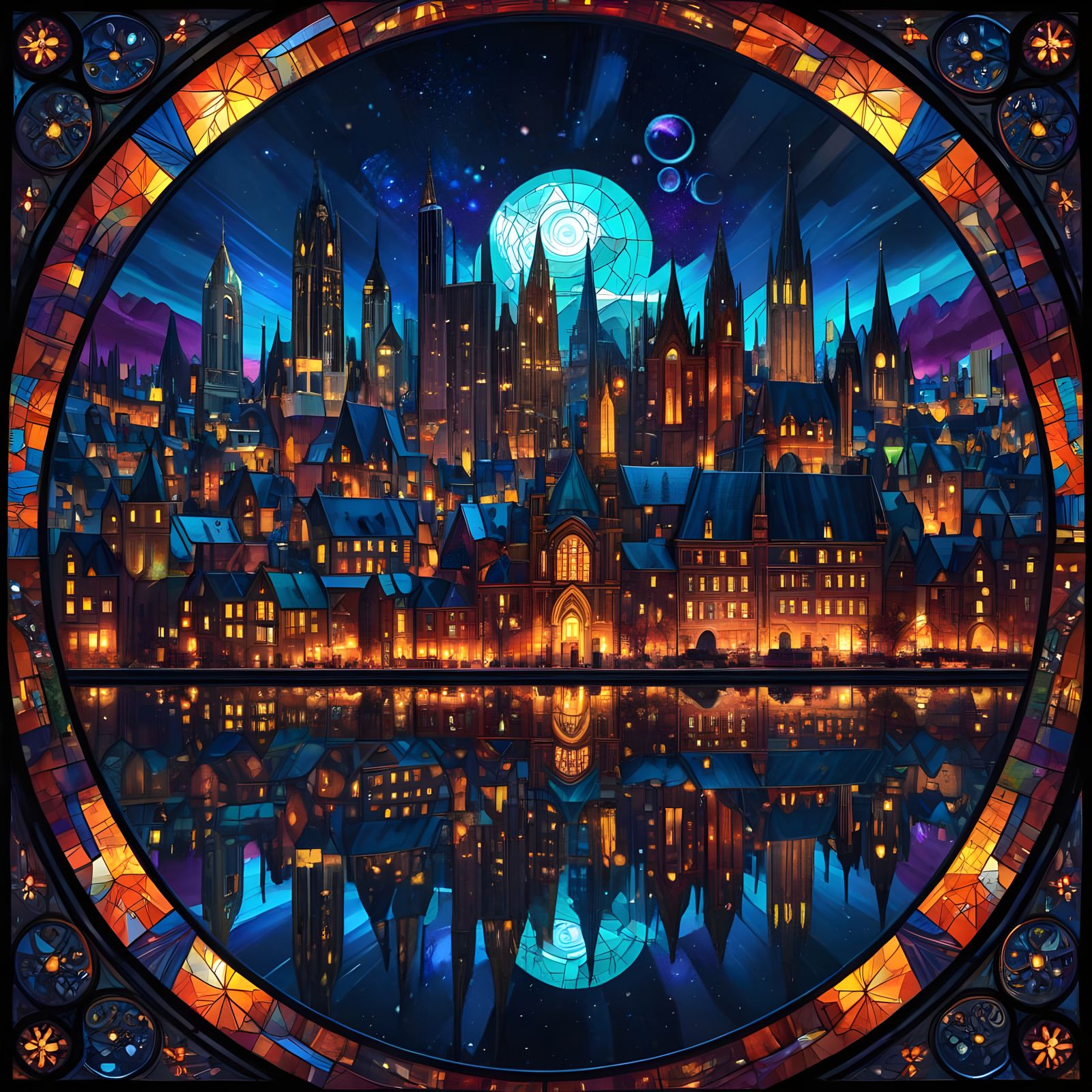Vibrant Stained Glass Metropolis at Dusk