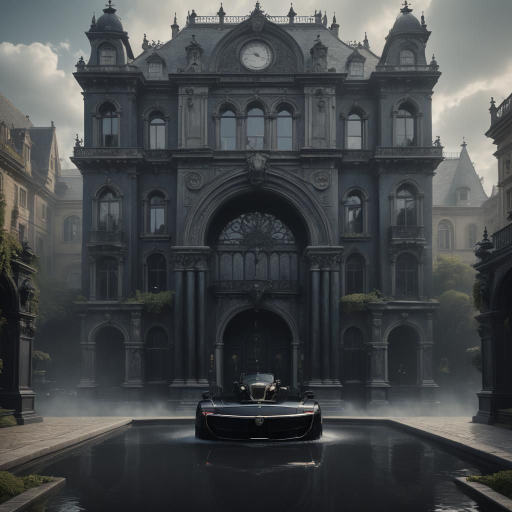Luxury Cars at Black Fountain, Gothic Mansion Backdrop