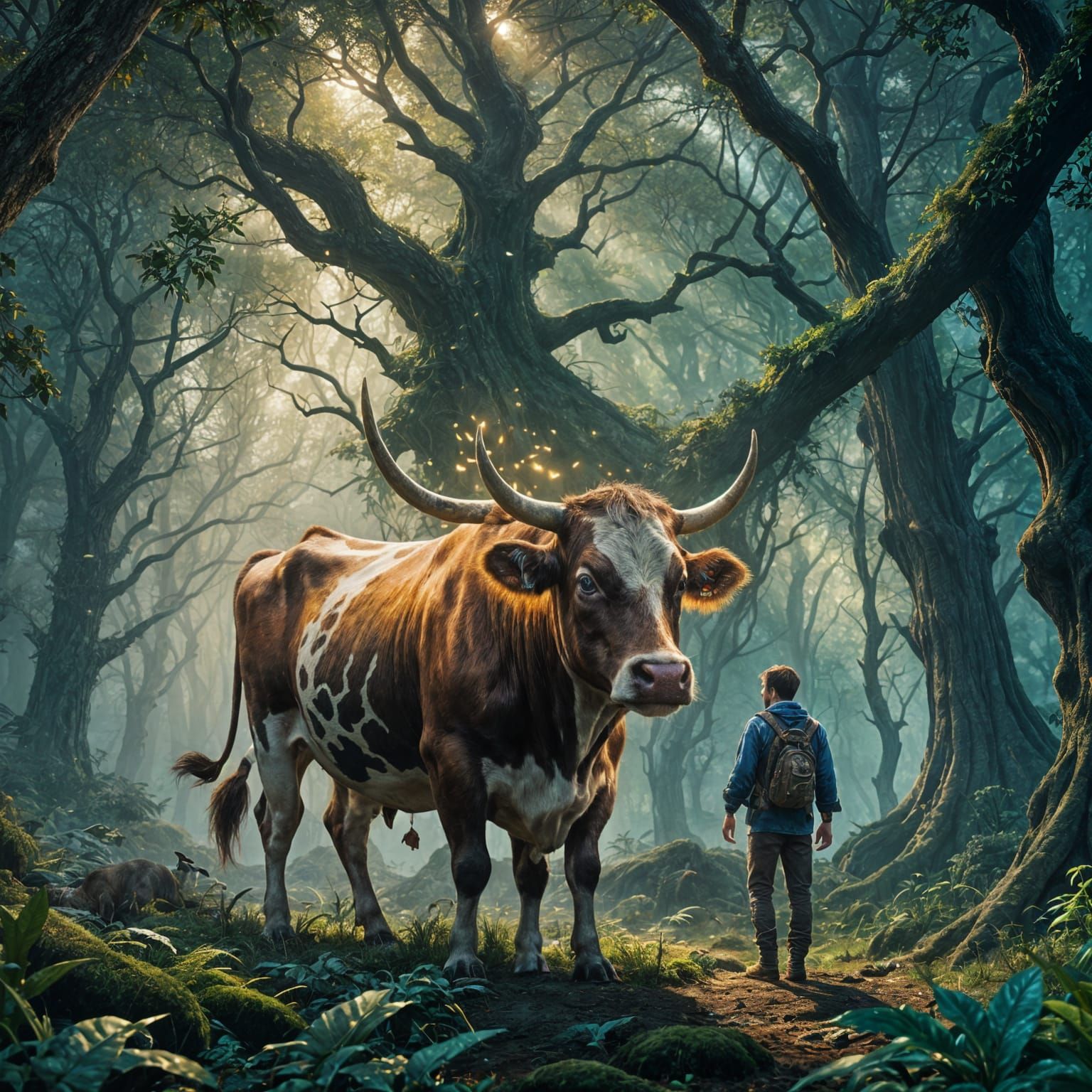 Fantastical Cow and Man in Detailed Matte Painting