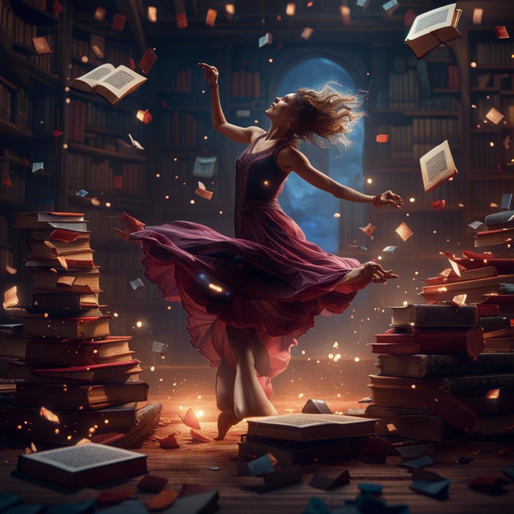 Magical Woman Dancing with Floating Books