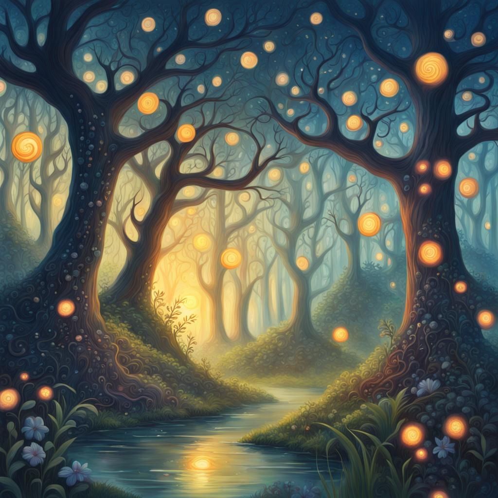 Whimsical Fantasy Forest Painting with Fireflies
