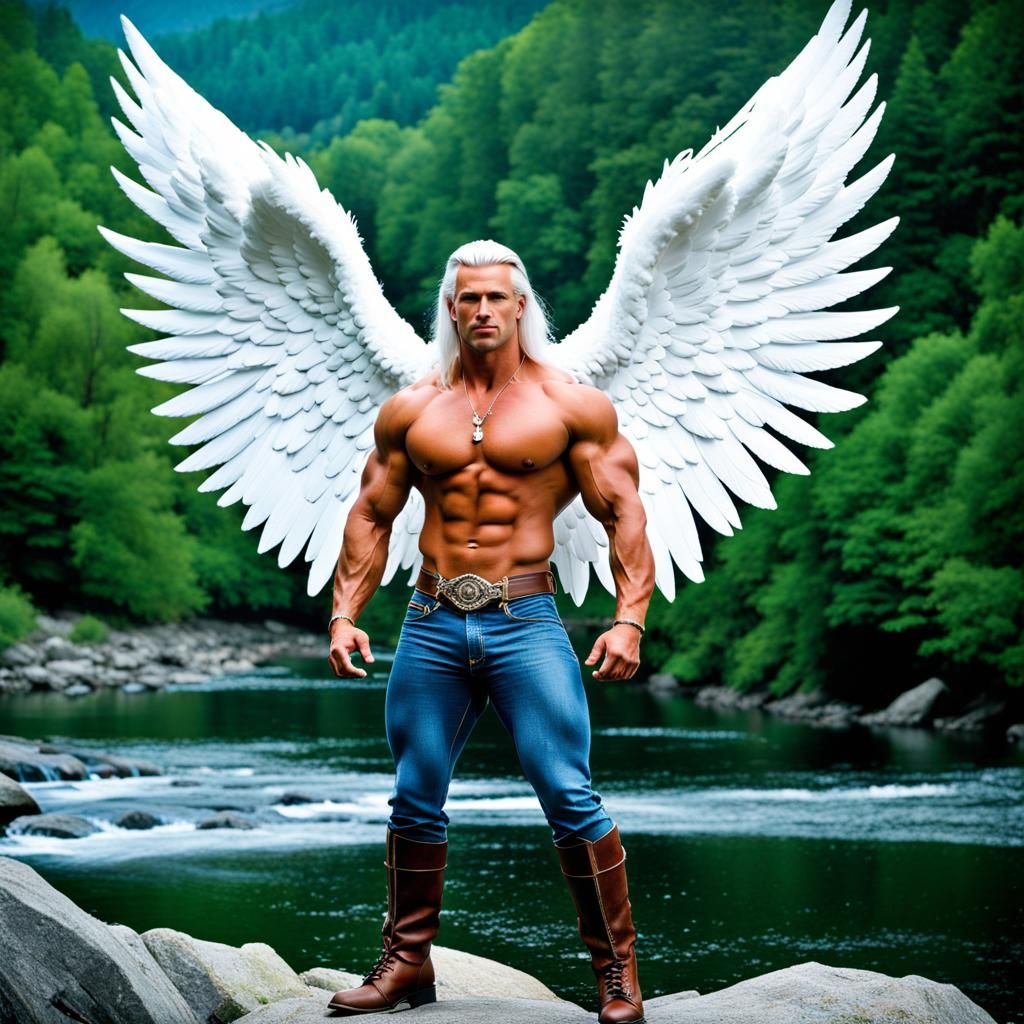 Muscular Warrior King with Angel Wings in Fantasy Landscape