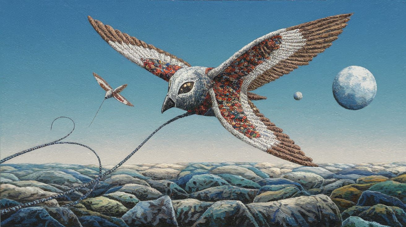 Surreal Patchwork Flight in Acrylic Style