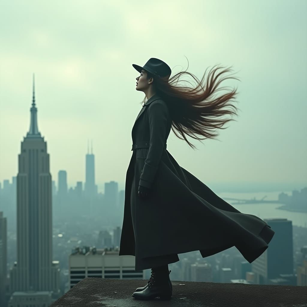 Windswept Woman on Skyscraper Roof in Cinematic Style