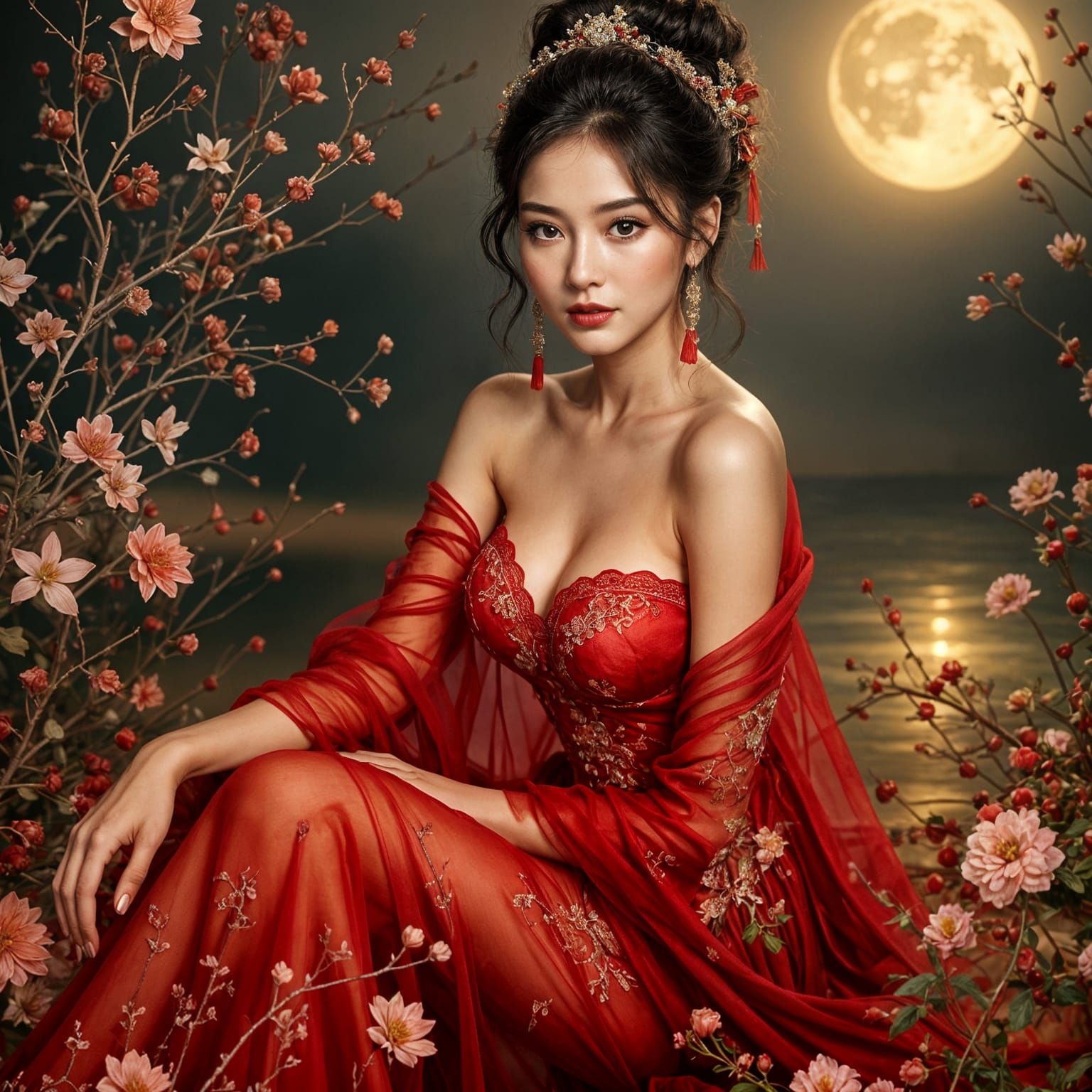 Chinese Woman in Red Silk: Pin-Up Oil Painting