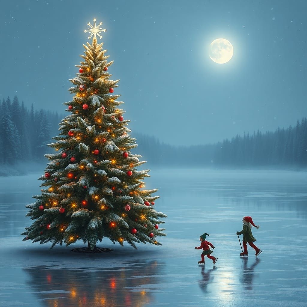 Hyperrealistic Christmas Tree on Frozen Lake