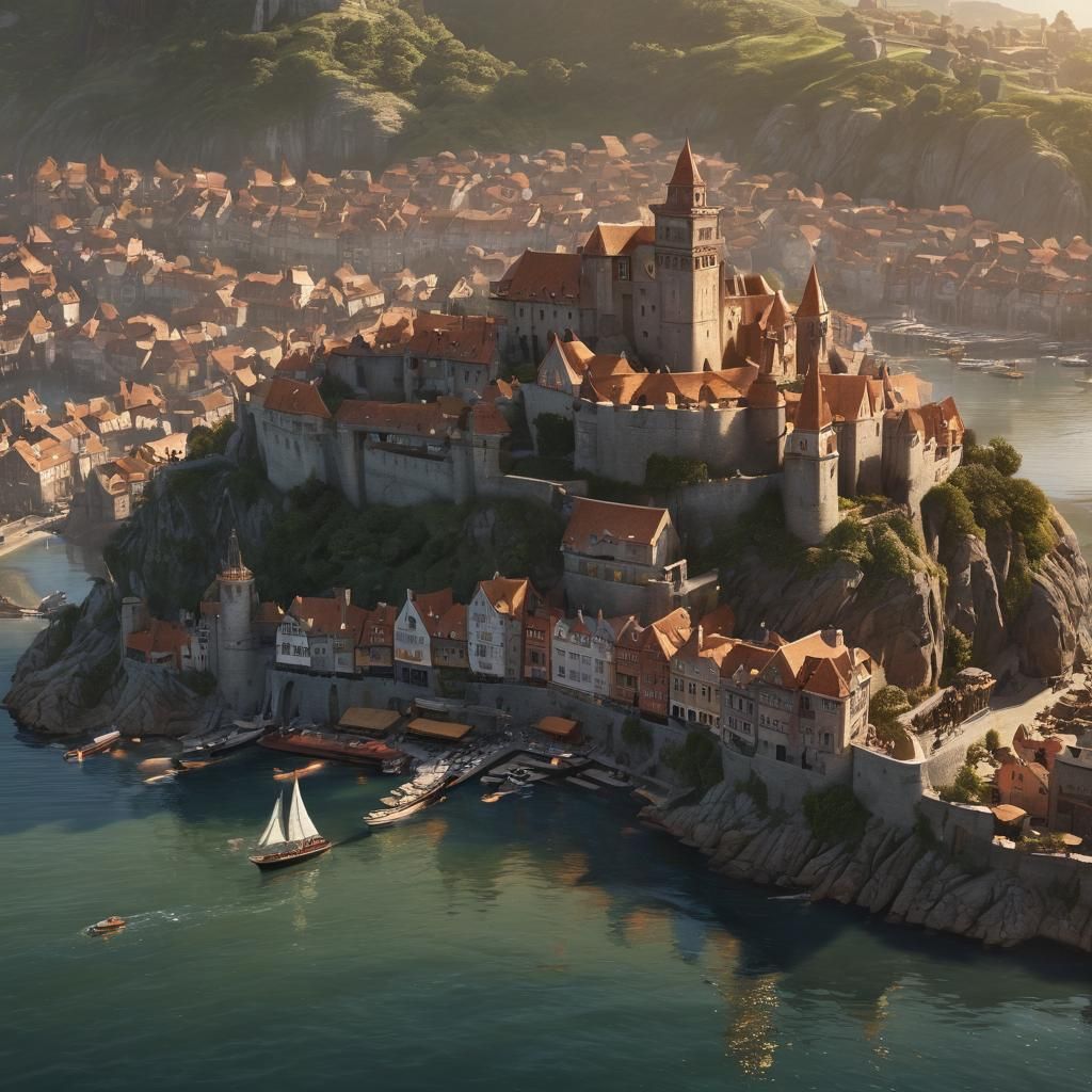 Fantasy Medieval Seaside Town with Castle: Matte Painting