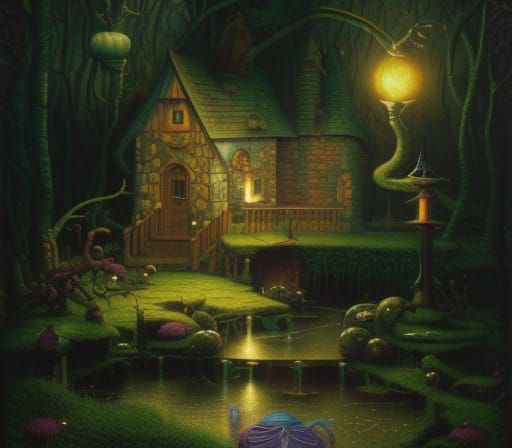 Magical Wizard's Hut in Swamp: Digital Oil Painting