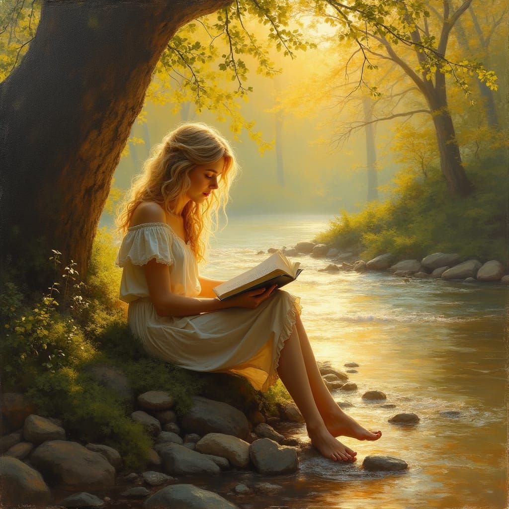 Golden Impressionist Painting of Woman Reading