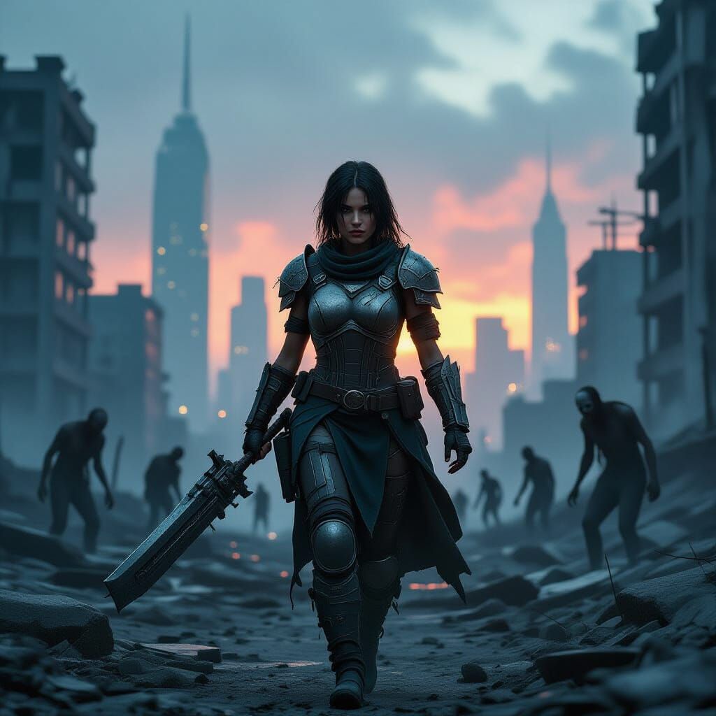 Post-Apocalyptic Survivor in Ruined City