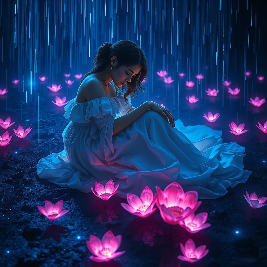 Ethereal Woman in Bioluminescent Rain