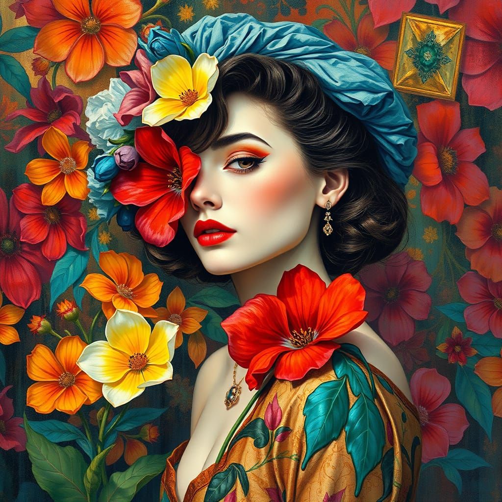 Red-Haired Woman with Flowers in Neo-Impressionist Style