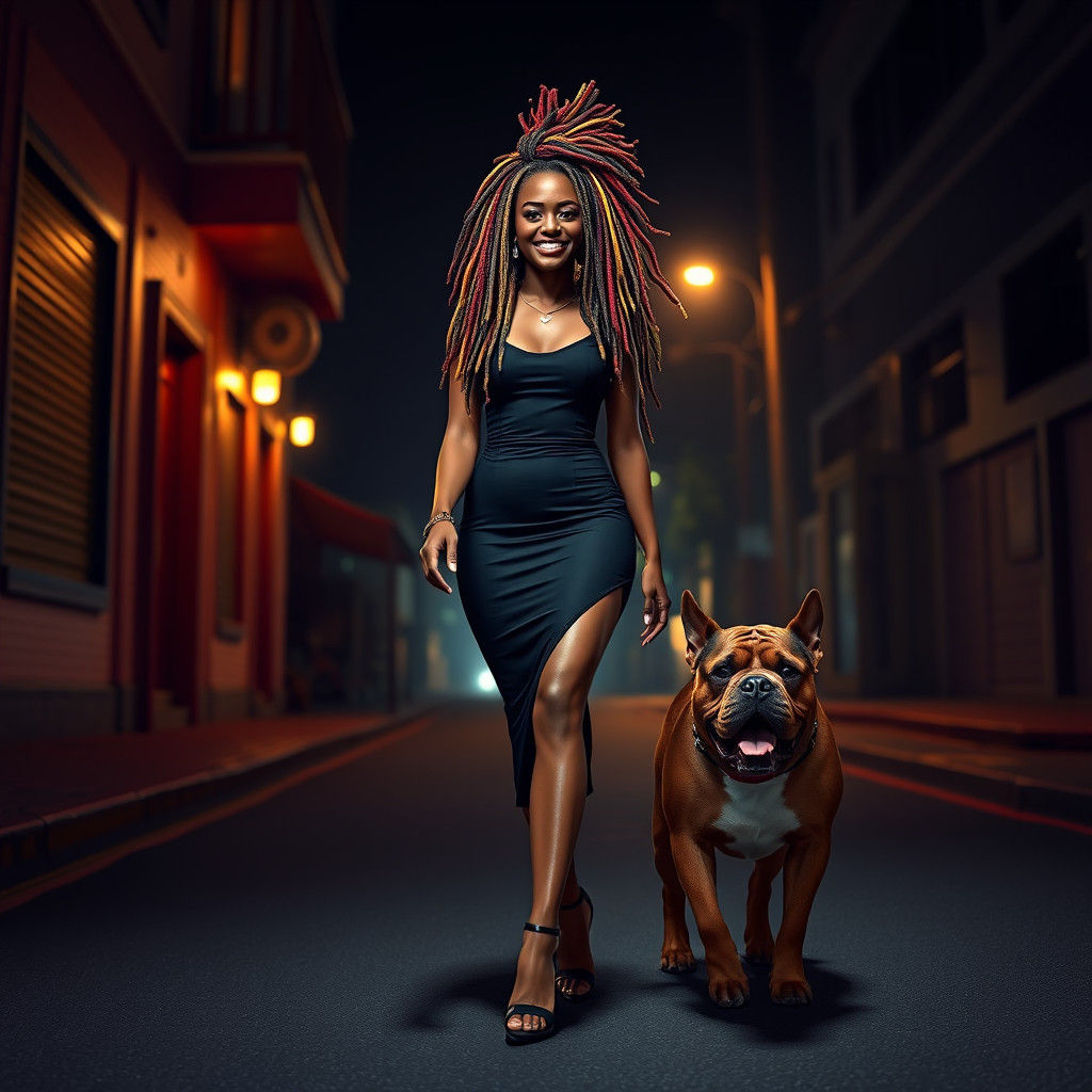 African Woman and Bulldog at Night, Fantasy Concept Art