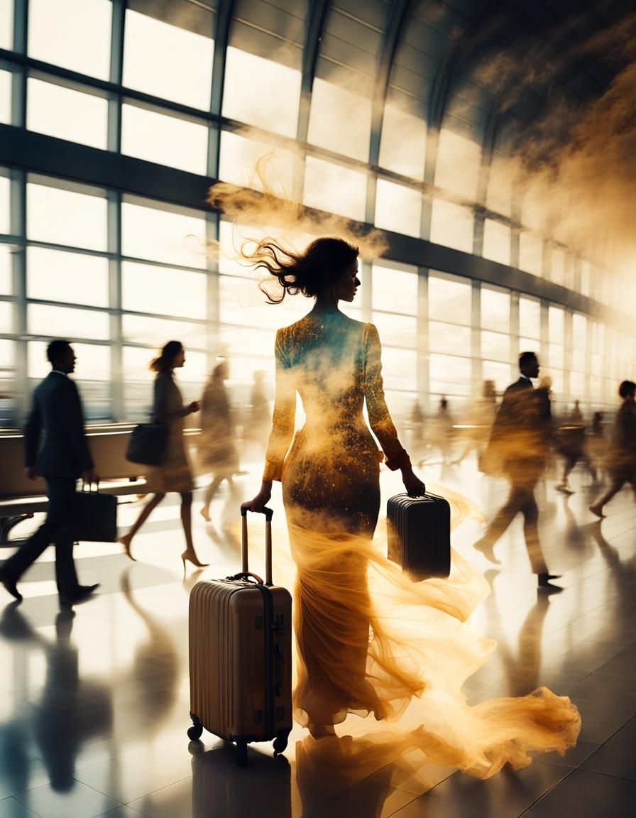 Woman in Airport Silhouette in Klimt Golden Style