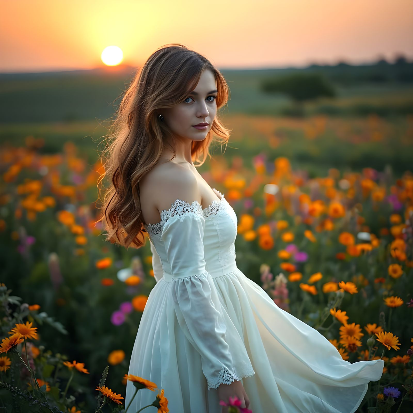 Woman in Wildflower Field at Sunset