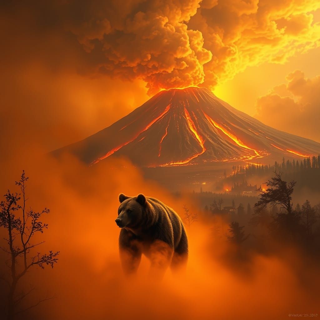 Bear Emerges from Mist Near Fiery Volcano