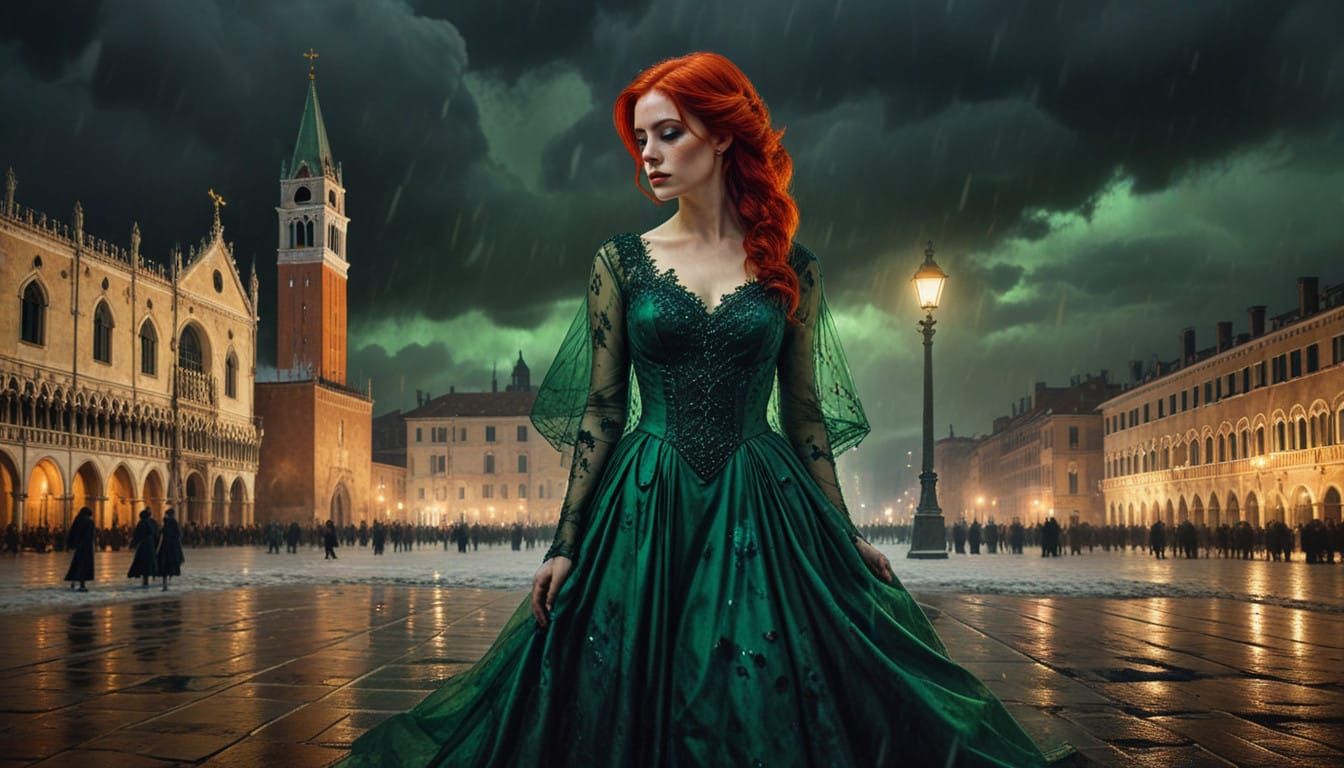 Elegant Woman in Green Silk Evening Dress on Snowy Night