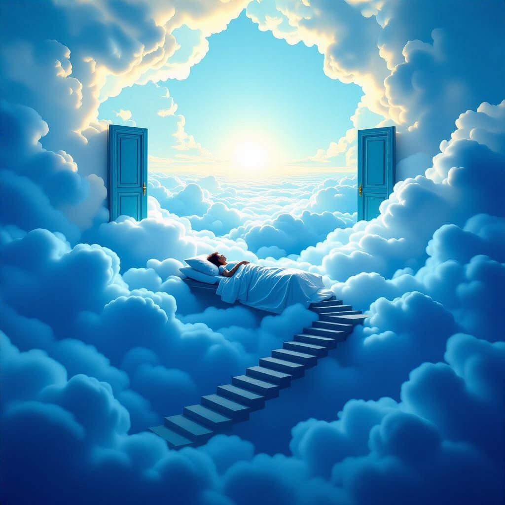 Surreal Dreamscape: Sleeper Drifts Above Cloud Ocean