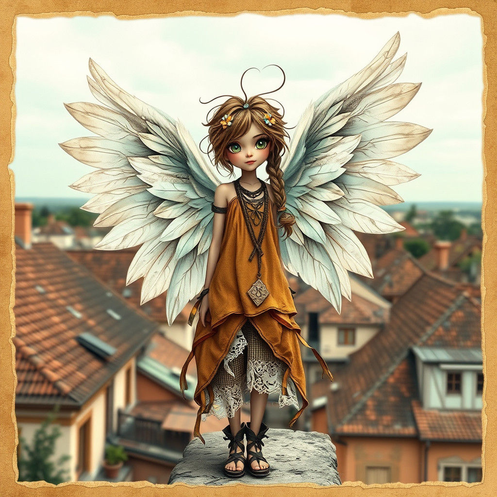Whimsical Boho Angel with Feather Wings in Digital Art