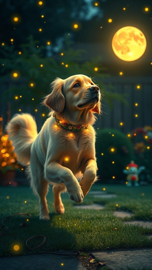 Whimsical Moonlit Retreat with a Golden Retriever in Floral....