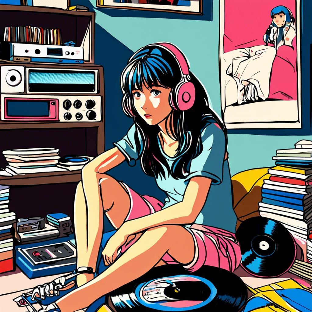90s Anime Girl in Room with Record Player