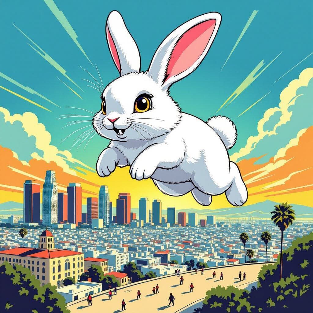 Giant Fluffy Rabbit Leaps Over Los Angeles in Comic Style