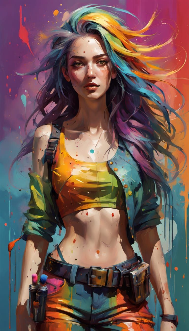 Rainbow-Haired Artist: Vibrant Digital Art Portrait