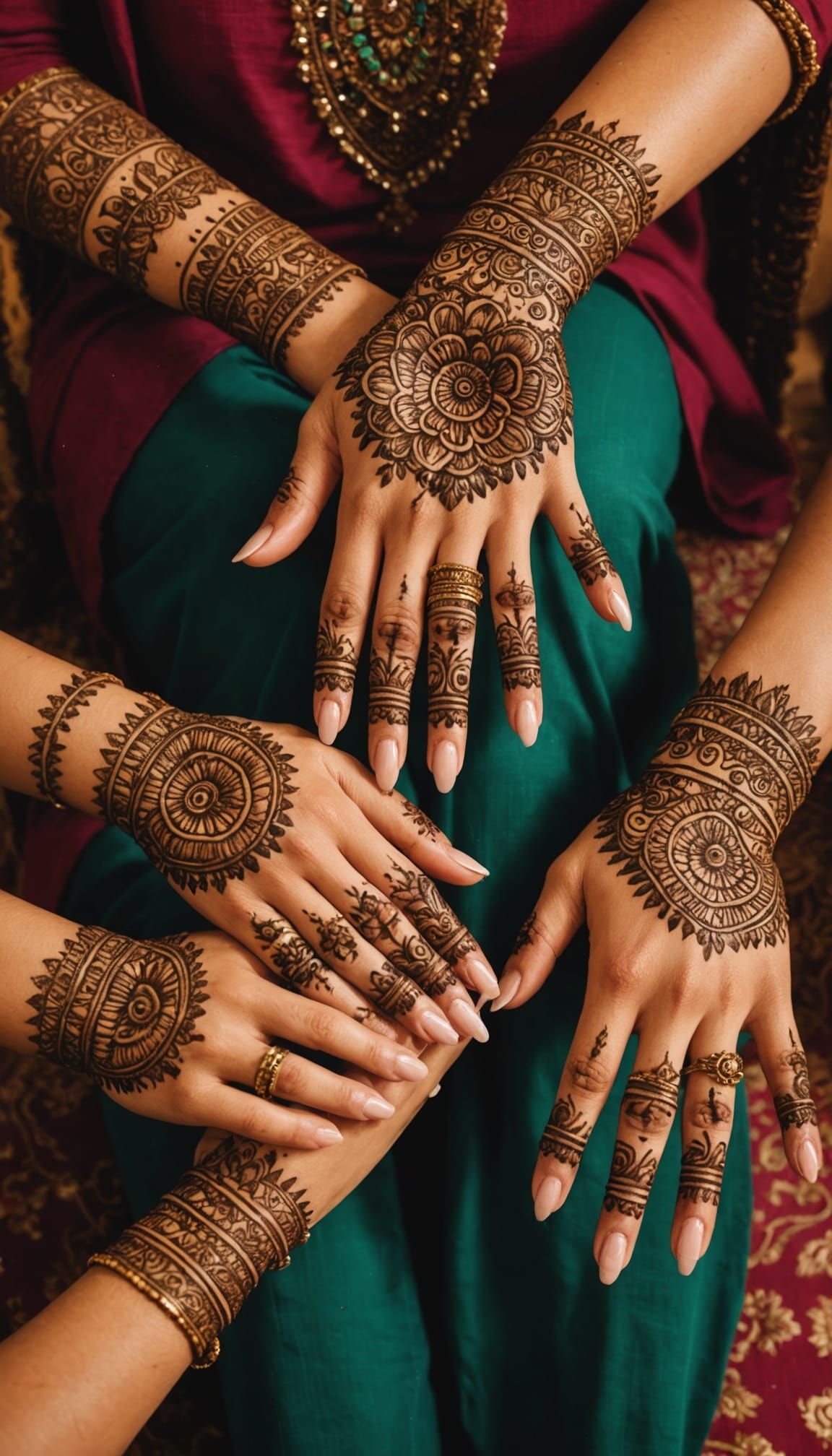 Intricate Henna Designs Adorn Five Woman's Hands