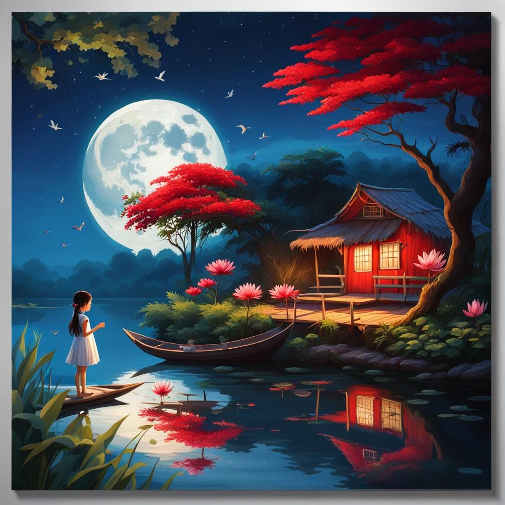 Idyllic Riverside Hut Under Moonlit Sky