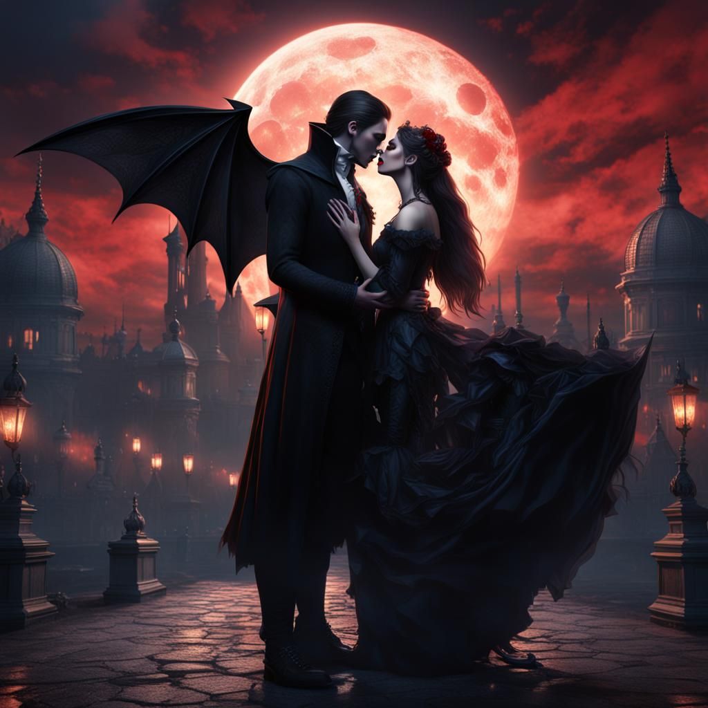 Hot Vampire Couple Kissing in Creepy Landscape